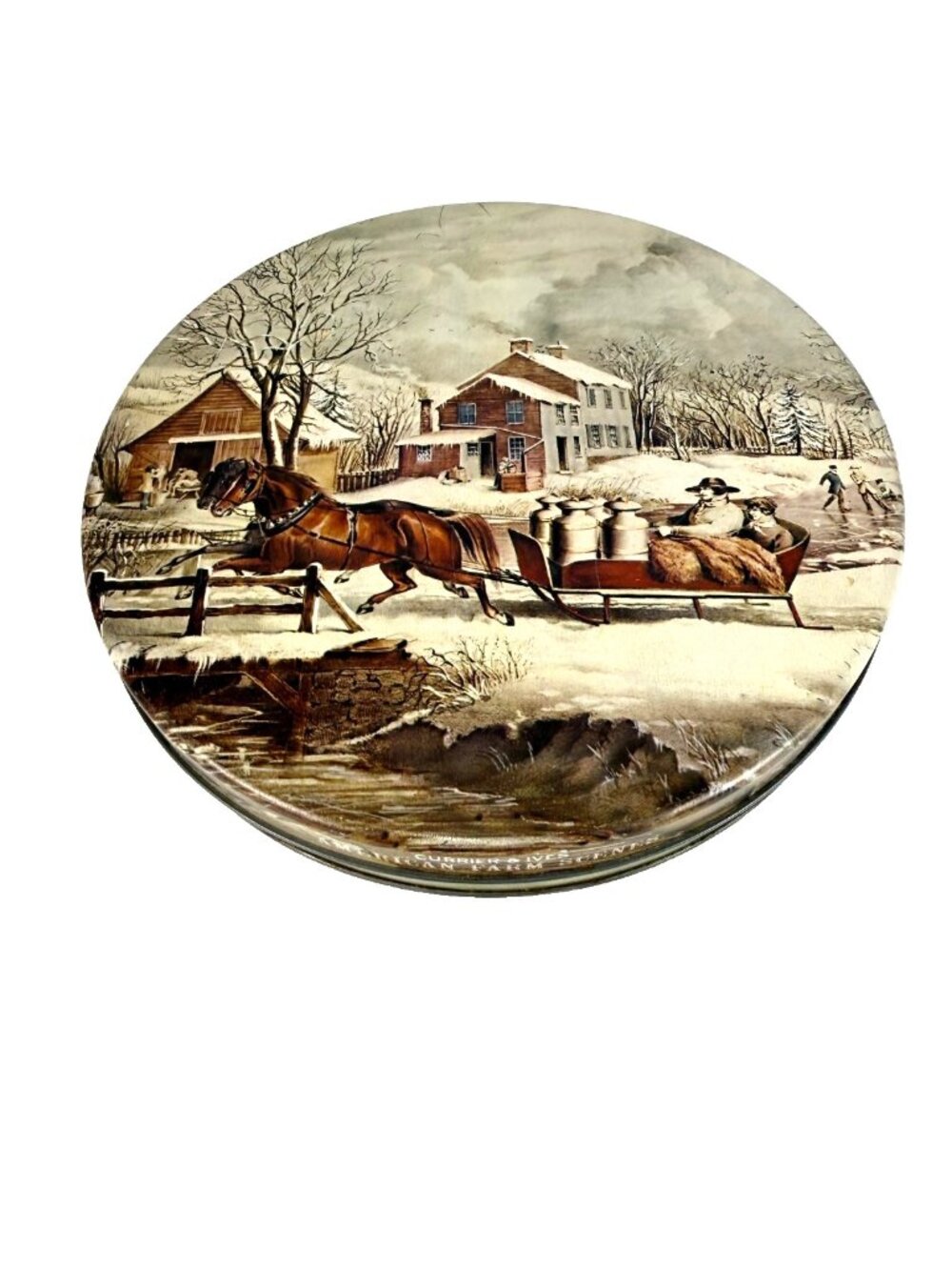 Vintage Currier & Ives "American Farm Scenes" Vintage  Brown Tin 10.0"Rd x 1.5"H